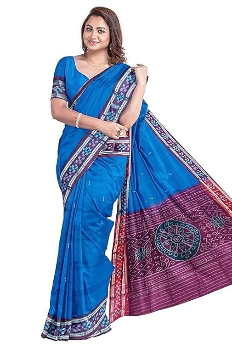 Traditional Handloom Saree, Blue and Purple with Ikat Border Pattern, Cotton Blend - Saree by Utkal Handlooms