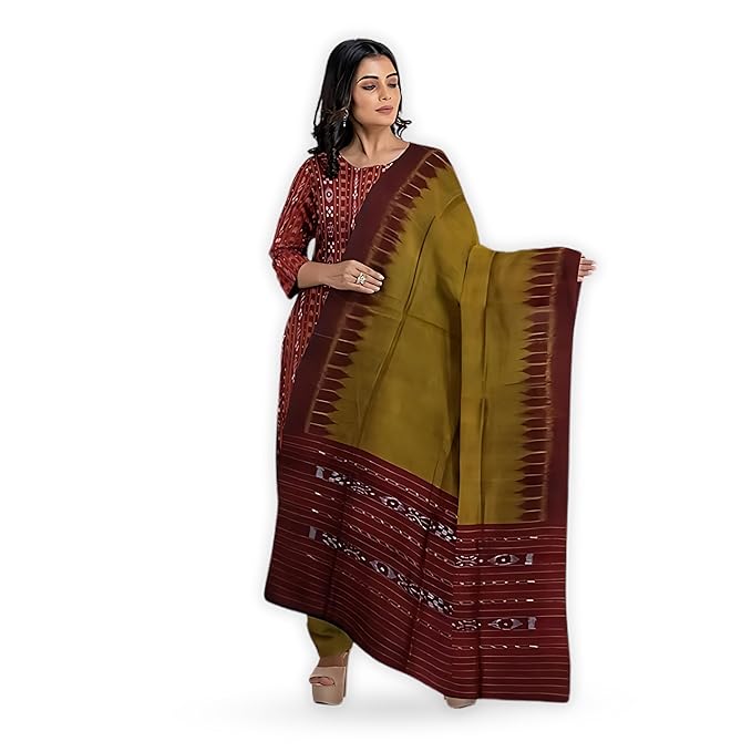 Traditional Cotton Dress Material, Maroon and Olive, 3-Piece Unstitched Suit Odisha Sambalpuri Handloom unstitched salwar suit for women Women's Ikat Cotton Ethnic Dress Material - Dress Material by Utkal Handlooms