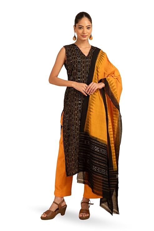 3-Piece Unstitched Suit Odisha Sambalpuri Handloom unstitched salwar suit for women Women's Ikat Cotton Ethnic Dress Material (M-9) - Dress Material by Utkal Handlooms