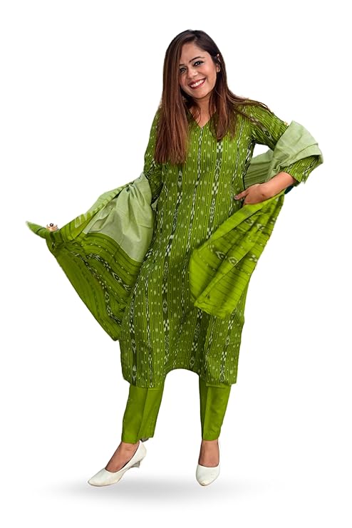 3-Piece Unstitched Suit Odisha Sambalpuri Handloom unstitched salwar suit for women Women's Ikat Cotton Ethnic Dress Material (M-15) - Dress Material by Utkal Handlooms