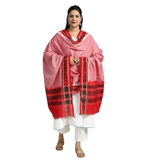 Odisha Sambalpuri Handloom Cotton Dupatta with weaving and Ikat woven border from the Weavers Stole for Girls & Women - Dupattas by Utkal Handlooms