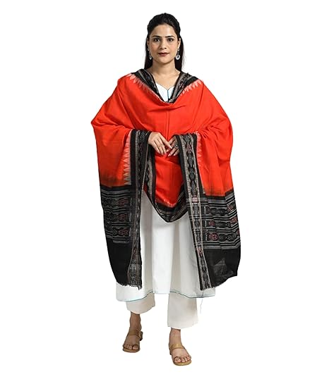 Odisha Sambalpuri Handloom Cotton Dupatta with weaving and Ikat woven border from the Weavers Stole for Girls & Women - Dupattas by Utkal Handlooms