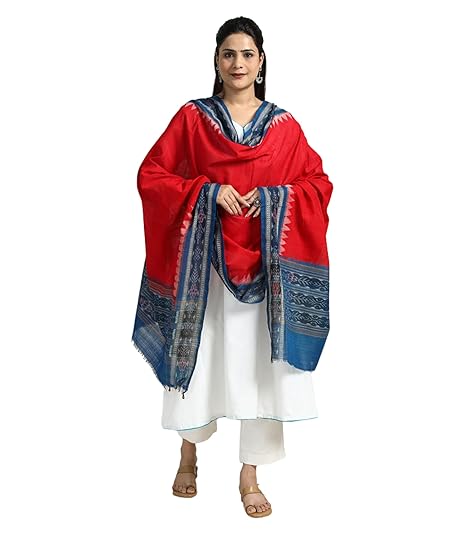 Odisha Sambalpuri Handloom Cotton Dupatta with weaving and Ikat woven border from the Weavers Stole for Girls & Women - Dupattas by Utkal Handlooms