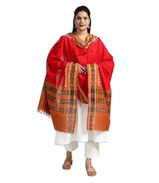 Odisha Sambalpuri Handloom Cotton Dupatta with weaving and Ikat woven border from the Weavers Stole for Girls & Women - Dupattas by Utkal Handlooms