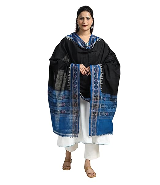Odisha Sambalpuri Handloom Cotton Dupatta with weaving and Ikat woven border from the Weavers Stole for Girls & Women - Dupattas by Utkal Handlooms