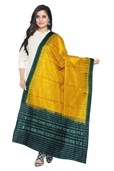 Traditional Cotton Dupatta, Yellow and Green, Ethnic Border Design - By Utkal Handlooms - Dupattas by Utkal Handlooms