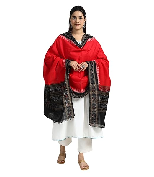 Odisha Sambalpuri Handloom Cotton Dupatta with weaving and Ikat woven border from the Weavers Stole for Girls & Women - Dupattas by Utkal Handlooms