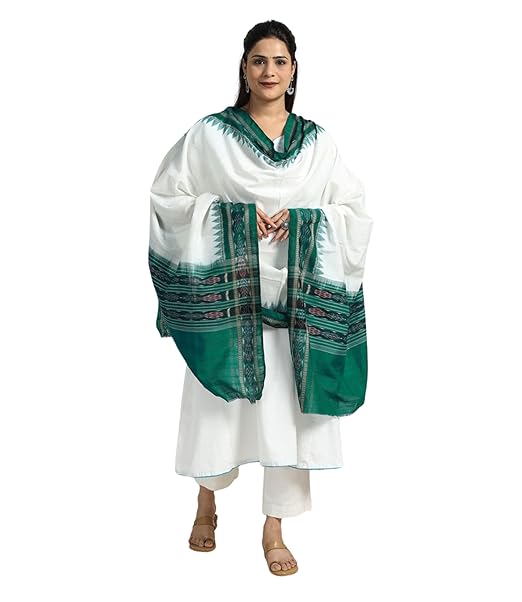 Odisha Sambalpuri Handloom Cotton Dupatta with weaving and Ikat woven border from the Weavers Stole for Girls & Women - Dupattas by Utkal Handlooms