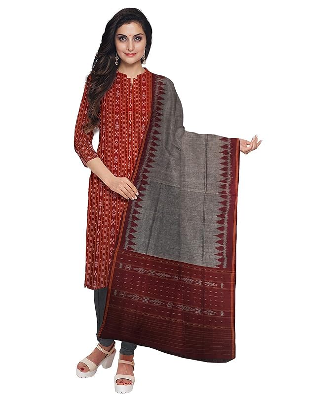 Handloom Cotton Dress Material, Red and Grey Traditional Print, Unstitched Salwar Suit with Dupatta - Dupattas by Utkal Handlooms