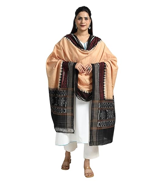 Odisha Sambalpuri Handloom Cotton Dupatta with weaving and Ikat woven border from the Weavers Stole for Girls & Women - Dupattas by Utkal Handlooms