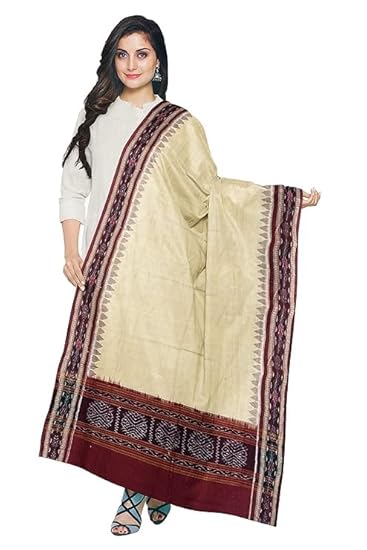 Odisha Sambalpuri Handloom Cotton Dupatta with weaving and Ikat woven border from the Weavers of Odisha Temple Border & Stole For Girls & Women - Dupattas by Utkal Handlooms