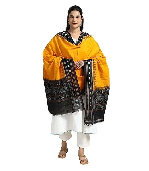Odisha Sambalpuri Handloom Cotton Dupatta with weaving and Ikat woven border from the Weavers Stole for Girls & Women - Dupattas by Utkal Handlooms