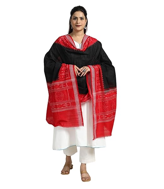 Odisha Sambalpuri Handloom Cotton Dupatta with weaving and Ikat woven border from the Weavers Stole for Girls & Women - Dupattas by Utkal Handlooms