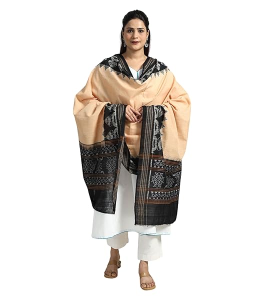 Odisha Sambalpuri Handloom Cotton Dupatta with weaving and Ikat woven border from the Weavers Stole for Girls & Women - Dupattas by Utkal Handlooms