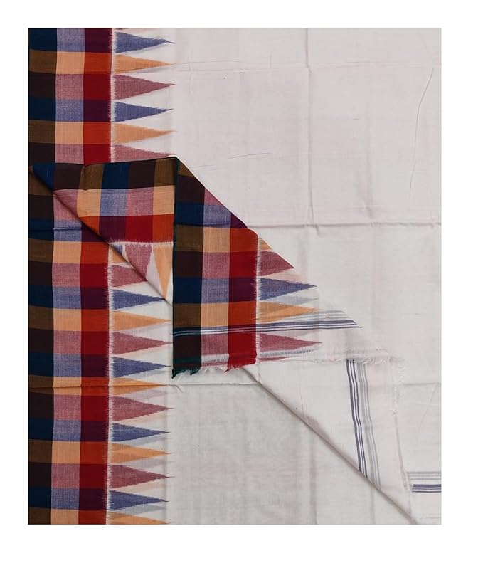 Traditional Sambalpuri Cotton Dhoti Temple Border, Handwoven 4 x 1.10 meters - Dhoti by Utkal Handlooms