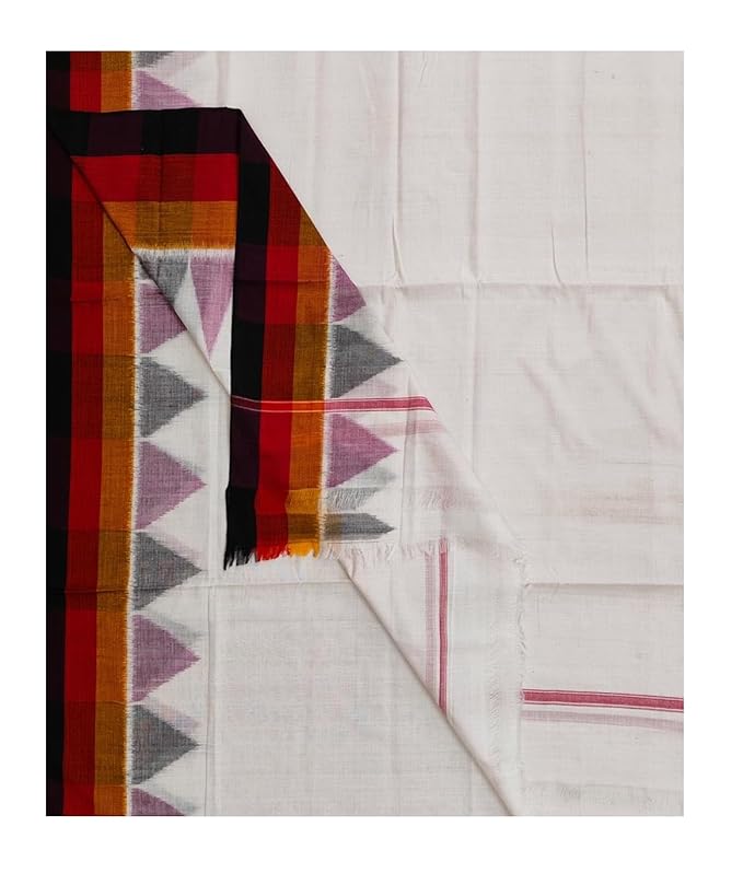 Traditional Sambalpuri Cotton Dhoti Temple Border, Handwoven 4 x 1.10 meters - Dhoti by Utkal Handlooms