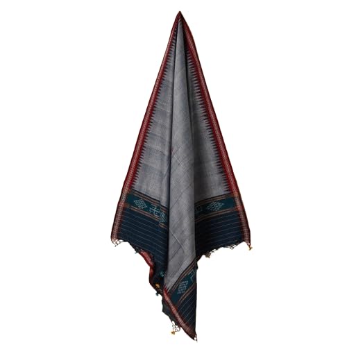 Traditional Handloom Cotton Gamcha, with Decorative Border, Geometric Pattern (Grey) - Gamcha by Utkal Handlooms