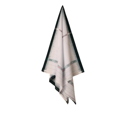 Traditional Handloom Cotton Gamcha, with Decorative Border, Geometric Pattern (White) - Gamcha by Utkal Handlooms