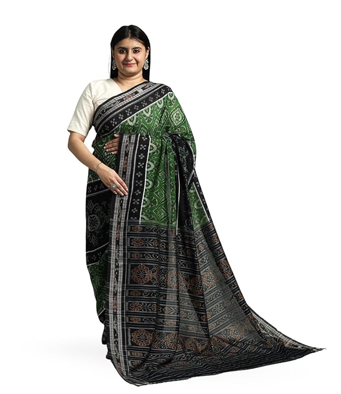 Odisha Sambalpuri Handloom Ikat Women's Pure Cotton Saree Traditional Craftsmanship Double Ikat Weaving Floral Handmade Ethnic Saree without Blouse Piece - Saree by Utkal Handlooms