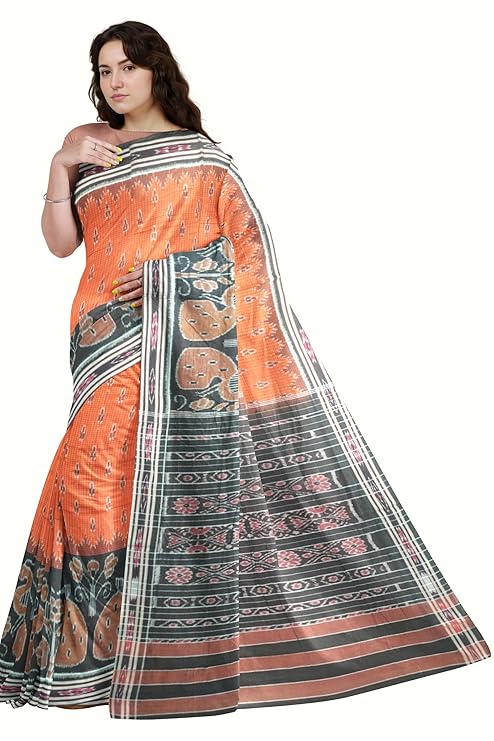 Odisha Sambalpuri Handloom Ikat Women's Cotton Saree Traditional Craftsmanship Double Ikat Weaving Floral and Rich Cultural Heritage (M-11) - Saree by Utkal Handlooms