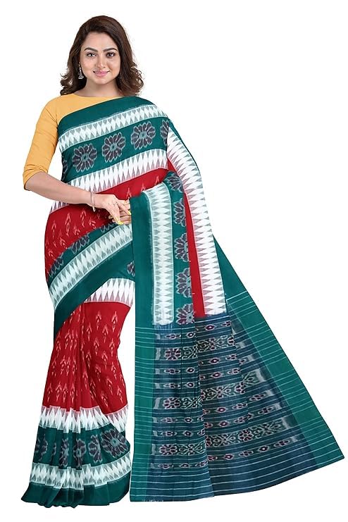 Odisha Sambalpuri Handloom Ikat Women's Cotton Saree, Utkal Handloom Handmade Pure Cotton Khandua Saree, Ikkat Orissa Traditional Handloom Saree Without Blouse - Saree by Utkal Handlooms