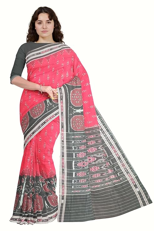 Odisha Sambalpuri Handloom Ikat Women's Cotton Saree Traditional Craftsmanship Double Ikat Weaving Floral and Rich Cultural Heritage (M-10) - Saree by Utkal Handlooms