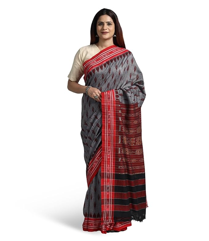 Odisha Sambalpuri Handloom Ikat Women's Cotton Saree Traditional Double Ikat Weaving Floral and Rich Cultural Ethnic Saree Without Blouse - Saree by Utkal Handlooms