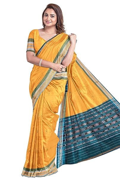Traditional Handloom Saree, Yellow and Teal Colour, Ikat Border Pattern - By Utkal Handlooms - Saree by Utkal Handlooms