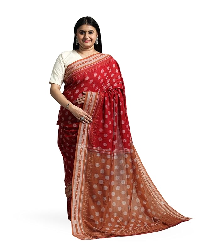 Odisha Sambalpuri Handloom Ikat Women's Pure Cotton Saree Traditional Craftsmanship Double Ikat Weaving Floral Handmade Ethnic Saree without Blouse Piece - Saree