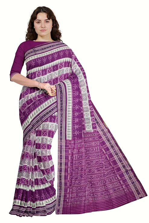 Odisha Sambalpuri Handloom Ikat Women's Cotton Saree Traditional Craftsmanship Double Ikat Weaving Floral and Rich Cultural Heritage (M-12) - Saree