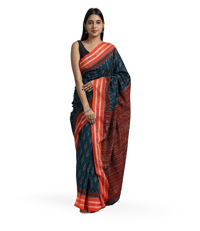 Odisha Sambalpuri Handloom Ikat Women's Cotton Saree Traditional Craftsmanship Double Ikat Weaving Floral and Rich Cultural Handmade Ethnic Saree for Women - Saree