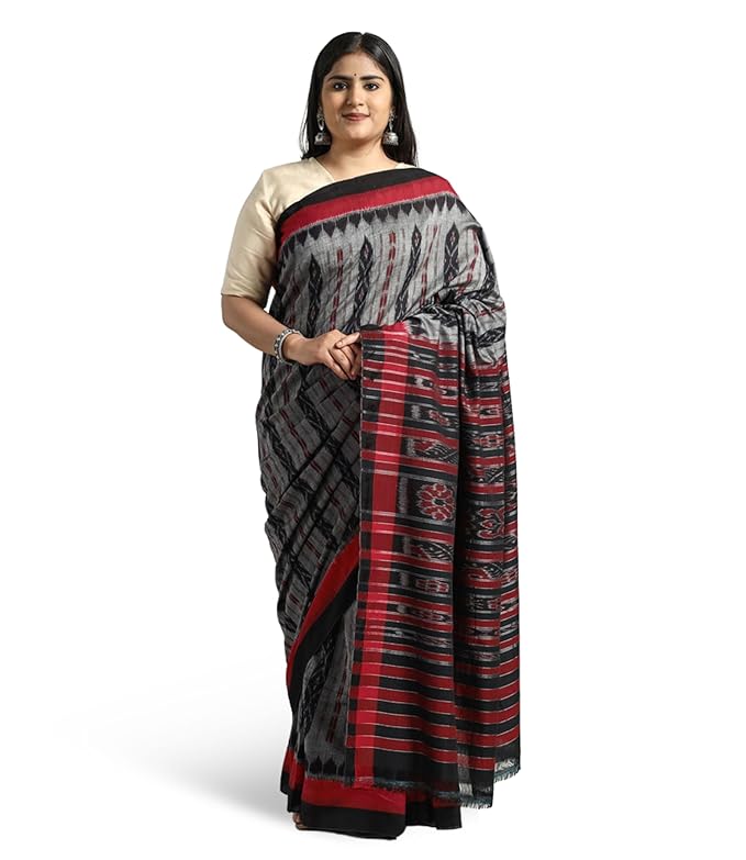 Odisha Sambalpuri Handloom Ikat Women's Cotton Saree Traditional Craftsmanship Double Ikat Weaving Floral and Rich Cultural Ethnic Saree Without Blouse - Saree