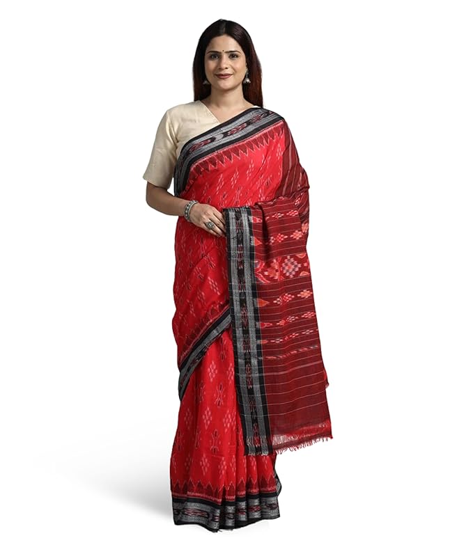 Odisha Sambalpuri Handloom Ikat Women's Cotton Saree Traditional Double Ikat Weaving Floral and Rich Cultural Ethnic Saree Without Blouse - Saree