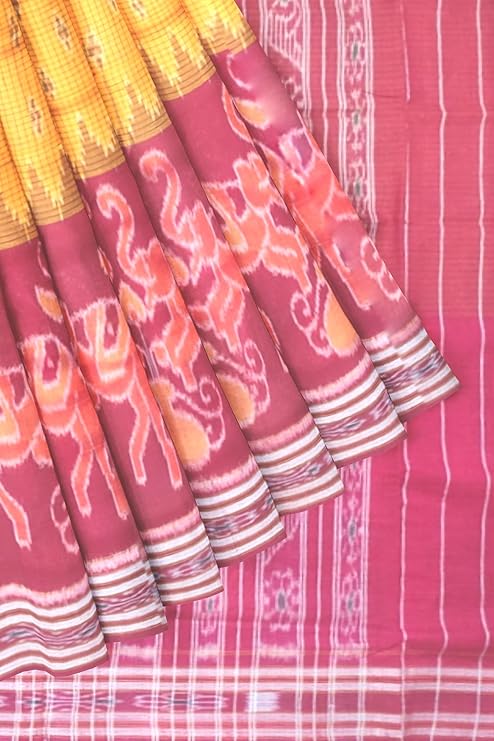 Odisha Sambalpuri Handloom Ikat Women's Cotton Saree Traditional Craftsmanship Double Ikat Weaving Floral and Rich Cultural Heritage (M-28) - Saree