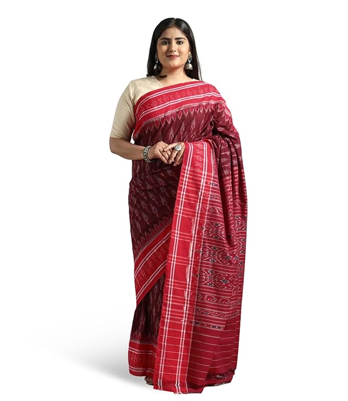 Odisha Sambalpuri Handloom Ikat Women's Cotton Saree Traditional Craftsmanship Double Ikat Weaving Floral and Rich Cultural Ethnic Saree Without Blouse - Saree