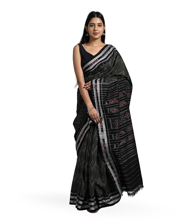 Odisha Sambalpuri Handloom Ikat Women's Cotton Saree Traditional Craftsmanship Double Ikat Weaving Floral and Rich Cultural Handmade Ethnic Saree for Women - Saree