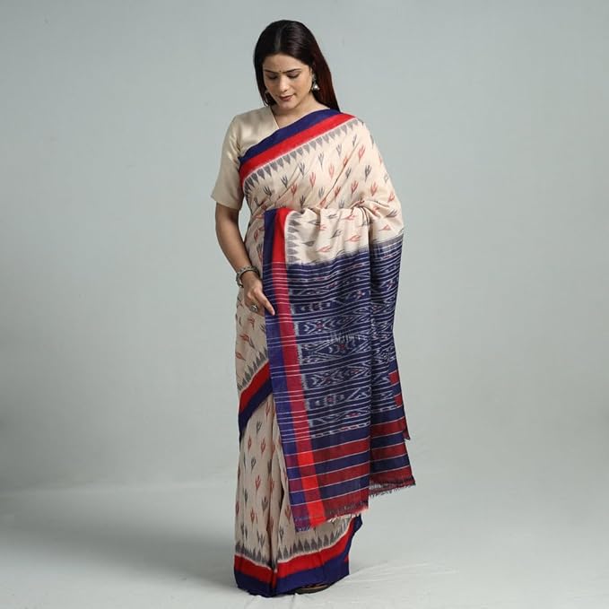 Odisha Sambalpuri Handloom Ikat Women's Cotton Saree Traditional Double Ikat Weaving Floral and Rich Cultural Ethnic Saree Without Blouse - Saree