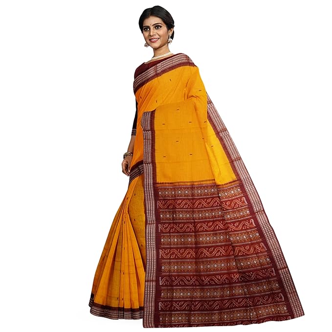 Women COTTON SILK Odisha Sambalpuri Handloom Cotton Traditional Craftsmanship Double Ikat Weaving Floral and Rich Cultural Ethnic Saree, Yellow - Saree