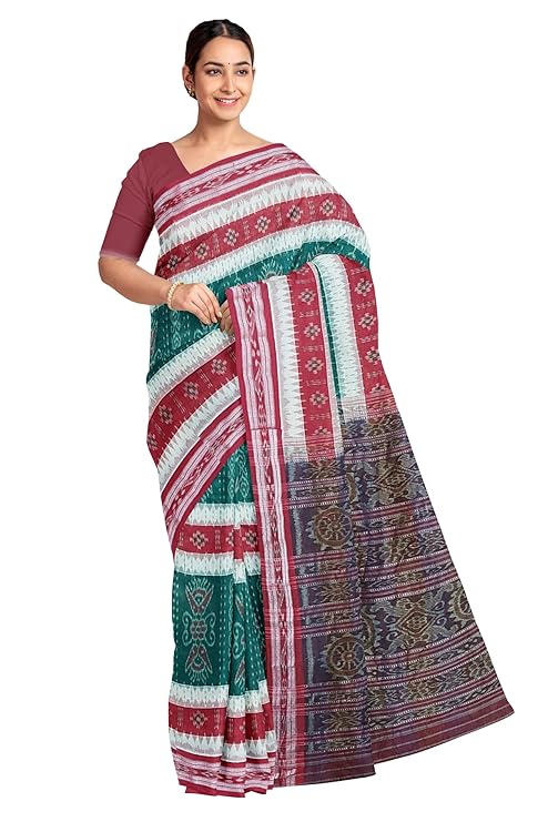 Utkal Handlooms Handmade Pure Cotton Khandua Saree, Ikkat Orissa Traditional Handloom Saree Without Blouse EMS10 - Saree